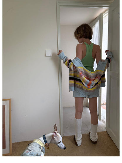 sancco house Playful Cat Retro Colorful Striped Knit Hooded Women&