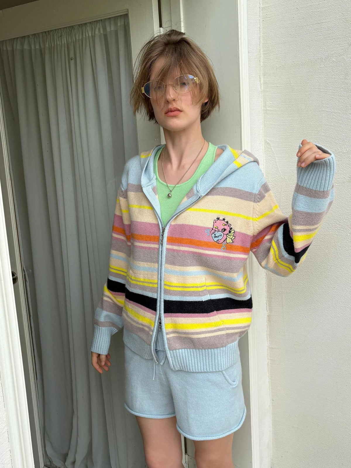 sancco house Playful Cat Retro Colorful Striped Knit Hooded Women&