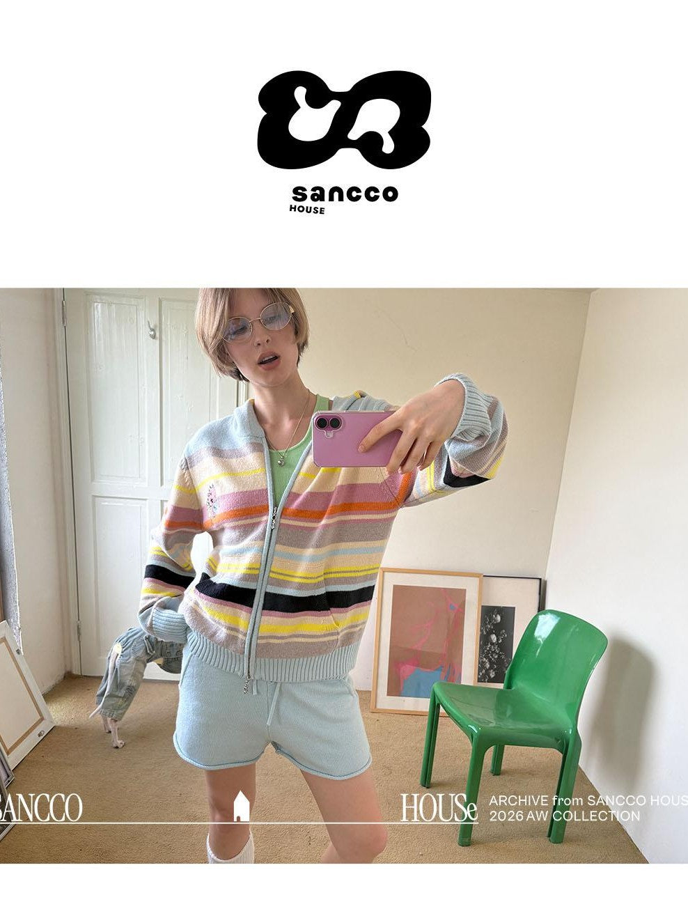 sancco house Playful Cat Retro Colorful Striped Knit Hooded Women&