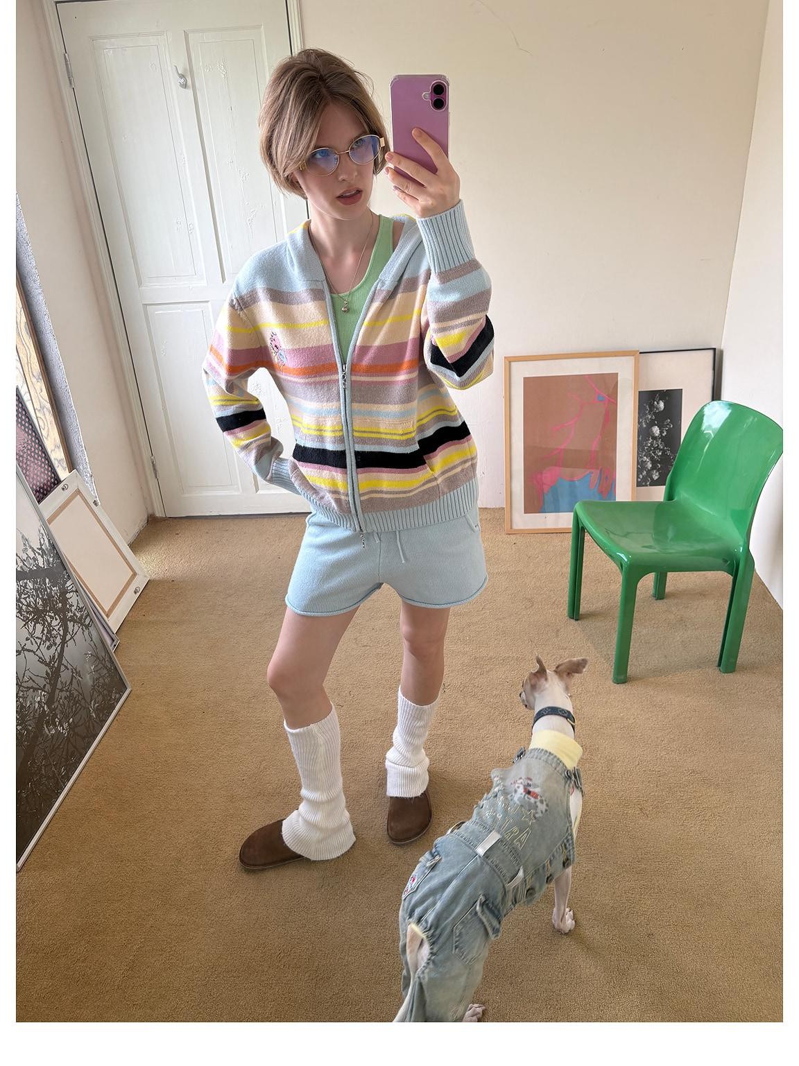 sancco house Playful Cat Retro Colorful Striped Knit Hooded Women&