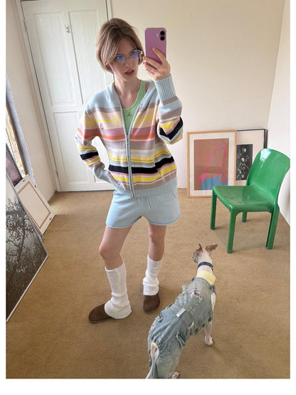 sancco house Playful Cat Retro Colorful Striped Knit Hooded Women&