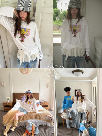 sancco house Playful Dog Illustration Printed Round Neck Women&
