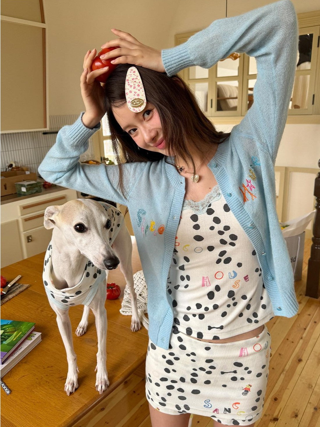 sancco house Polka Dot Jacquard Knit Cardigan Set Women&