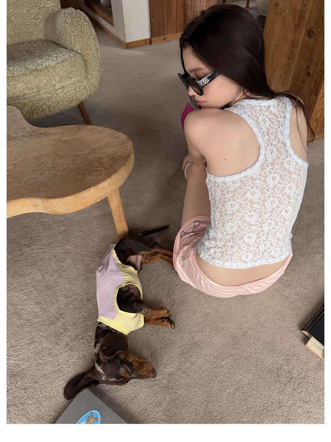 sancco house Puppy Applique Embroidery Sheer Racerback Women&