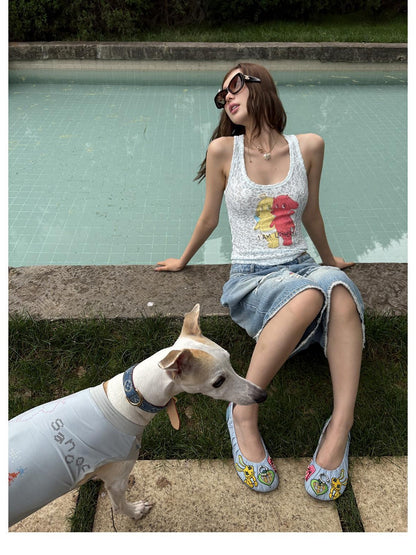 sancco house Puppy Applique Embroidery Sheer Racerback Women&