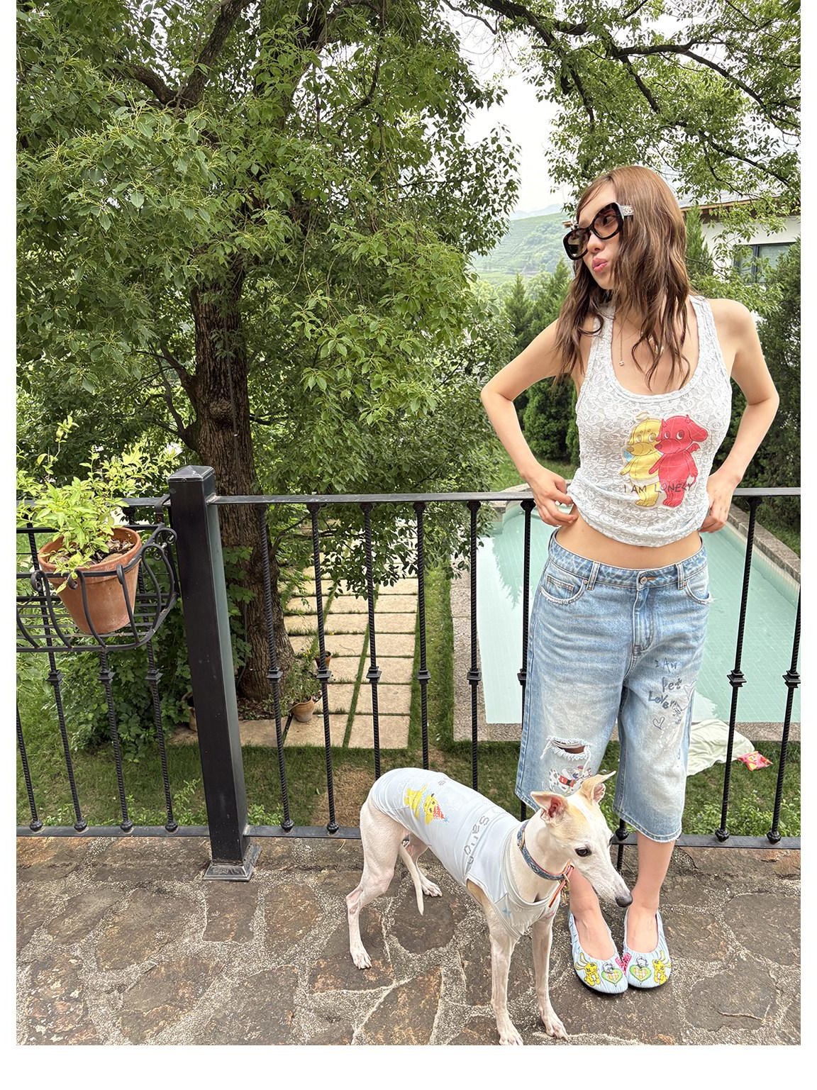 sancco house Puppy Applique Embroidery Sheer Racerback Women&