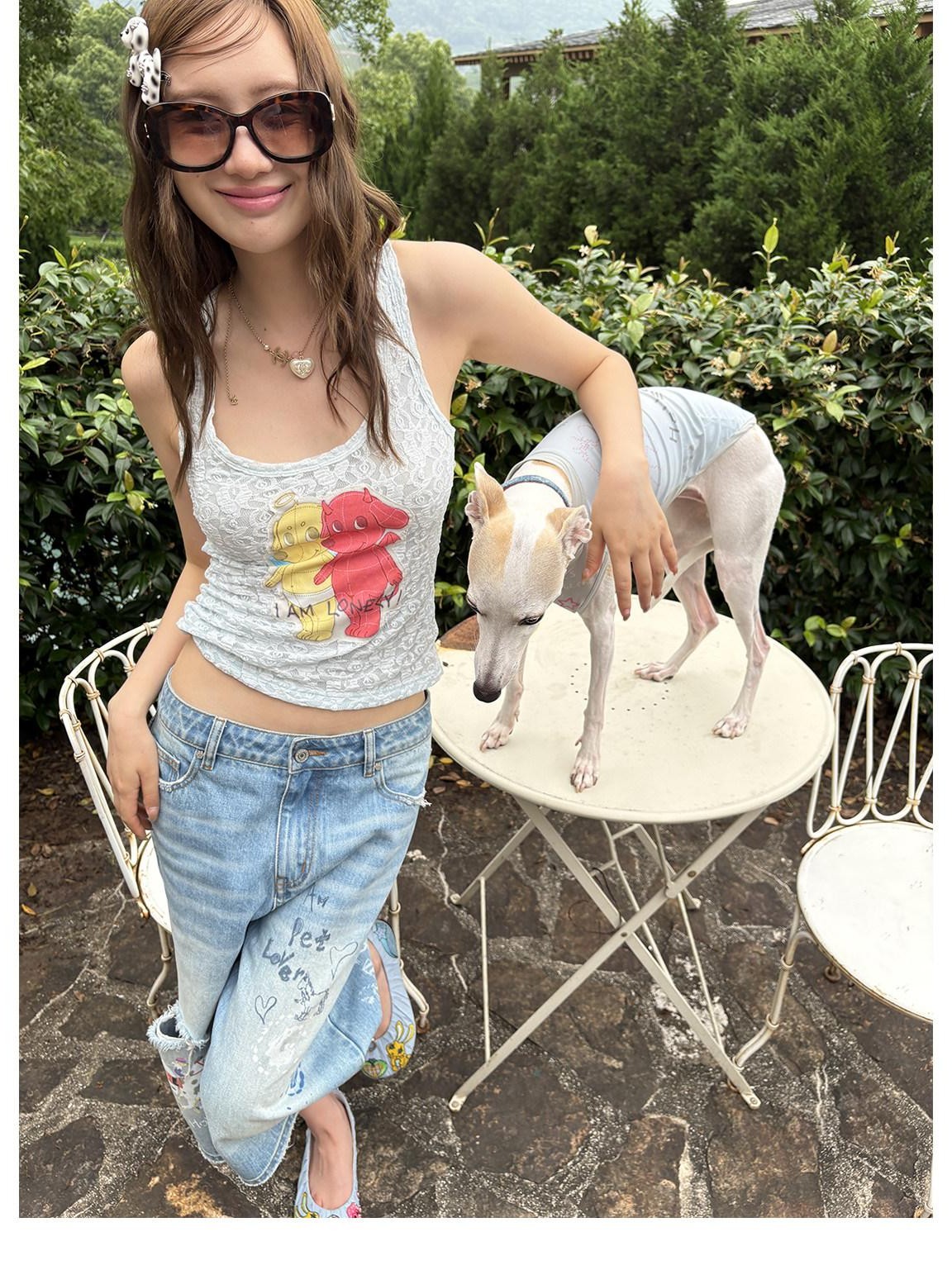 sancco house Puppy Applique Embroidery Sheer Racerback Women&
