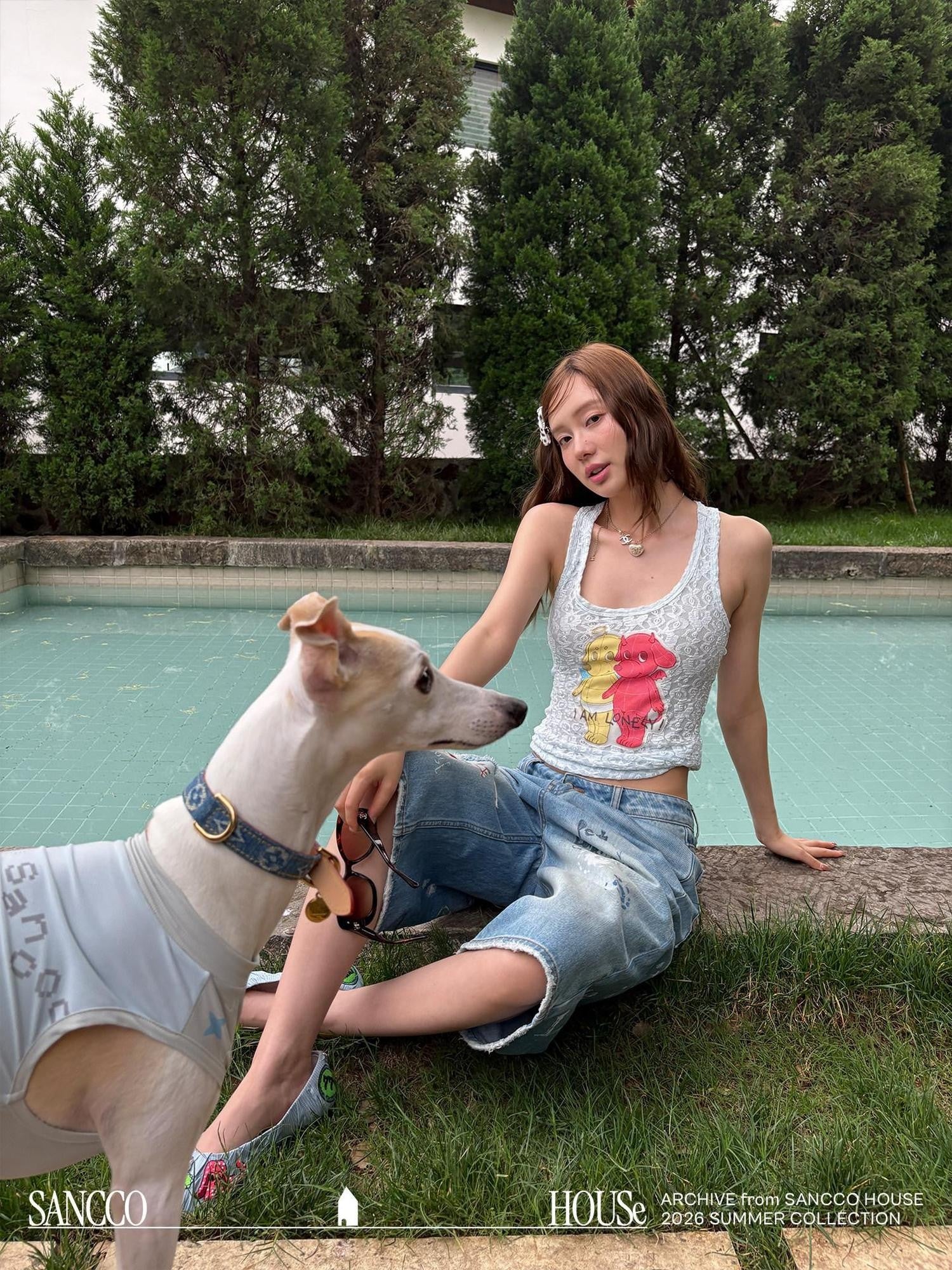 sancco house Puppy Applique Embroidery Sheer Racerback Women&