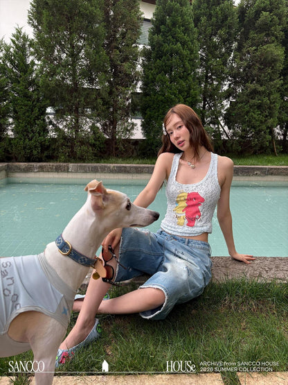 sancco house Puppy Applique Embroidery Sheer Racerback Women&