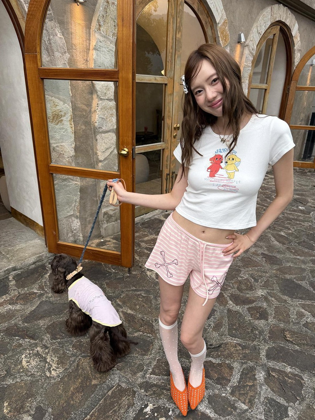 sancco house Puppy Cartoon Print Round Neck Short Sleeve Women&