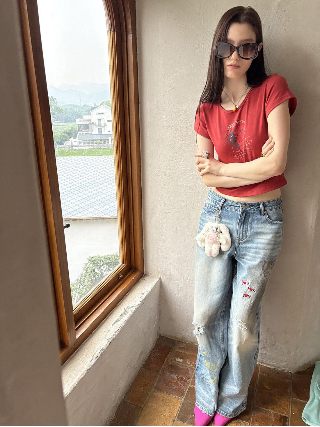 sancco house Puppy Cartoon Print Round Neck Short Sleeve Women&