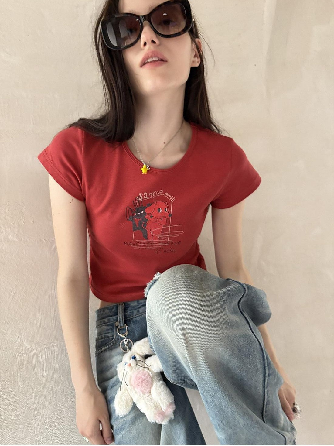 sancco house Puppy Cartoon Print Round Neck Short Sleeve Women&