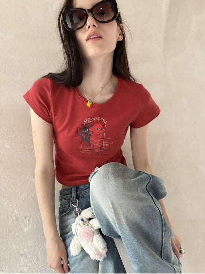 sancco house Puppy Cartoon Print Round Neck Short Sleeve Women&