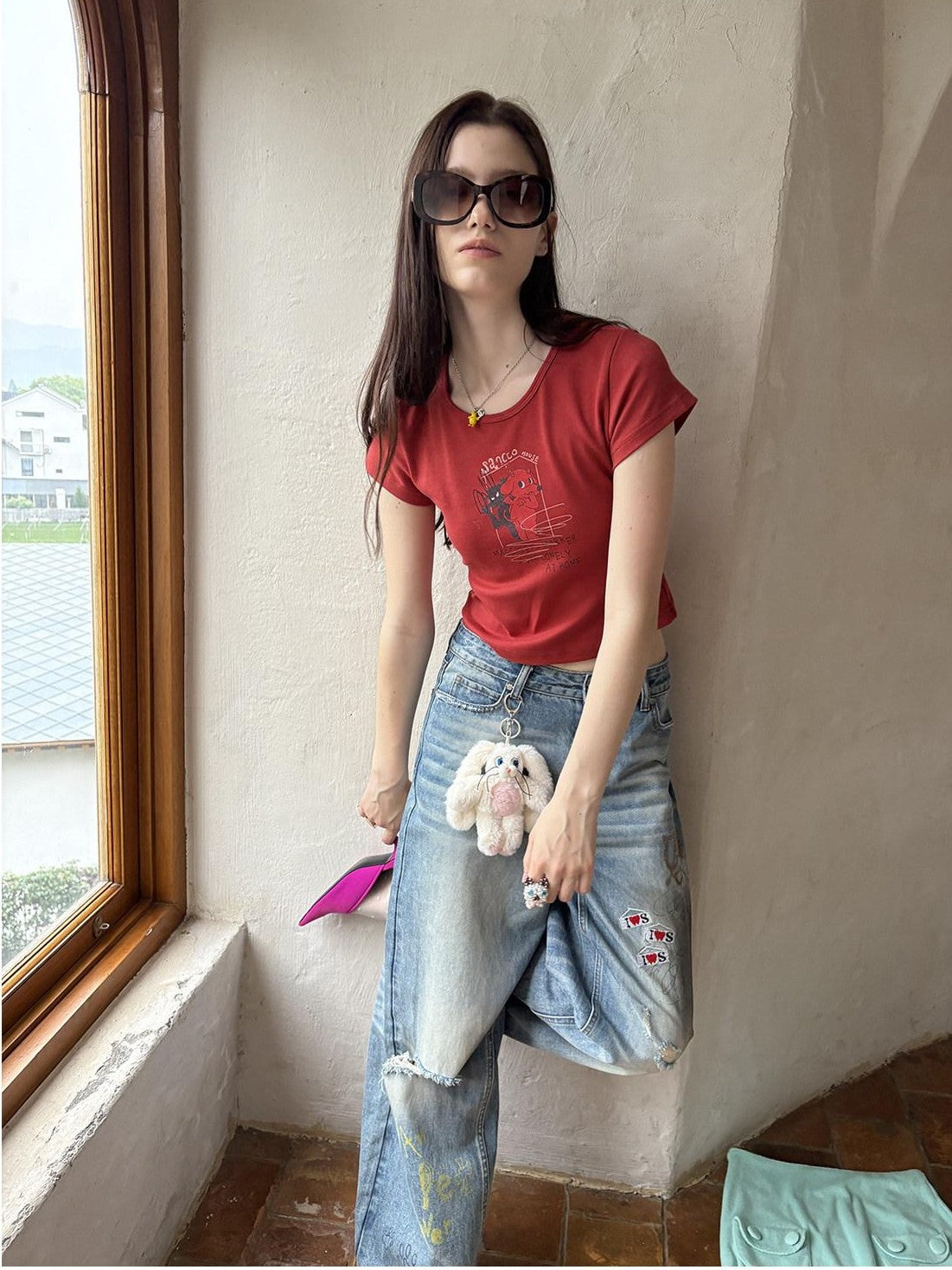 sancco house Puppy Cartoon Print Round Neck Short Sleeve Women&