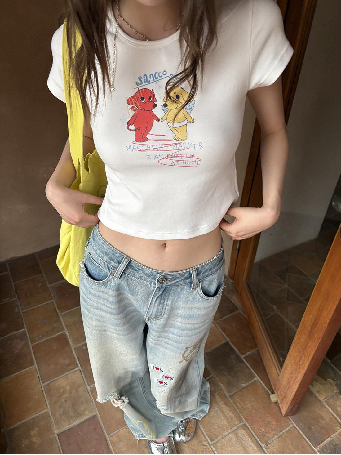 sancco house Puppy Cartoon Print Round Neck Short Sleeve Women&