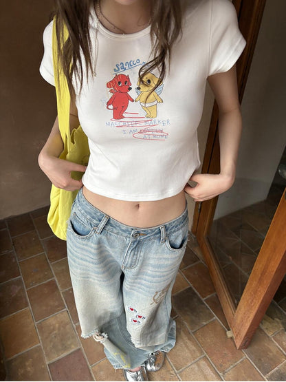 sancco house Puppy Cartoon Print Round Neck Short Sleeve Women&