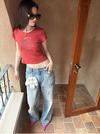 sancco house Puppy Cartoon Print Round Neck Short Sleeve Women&