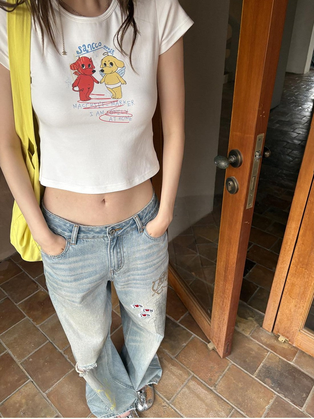 sancco house Puppy Cartoon Print Round Neck Short Sleeve Women&