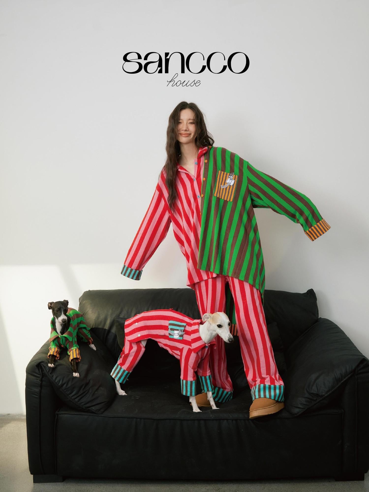 sancco house Puppy Print Striped Patchwork Women&