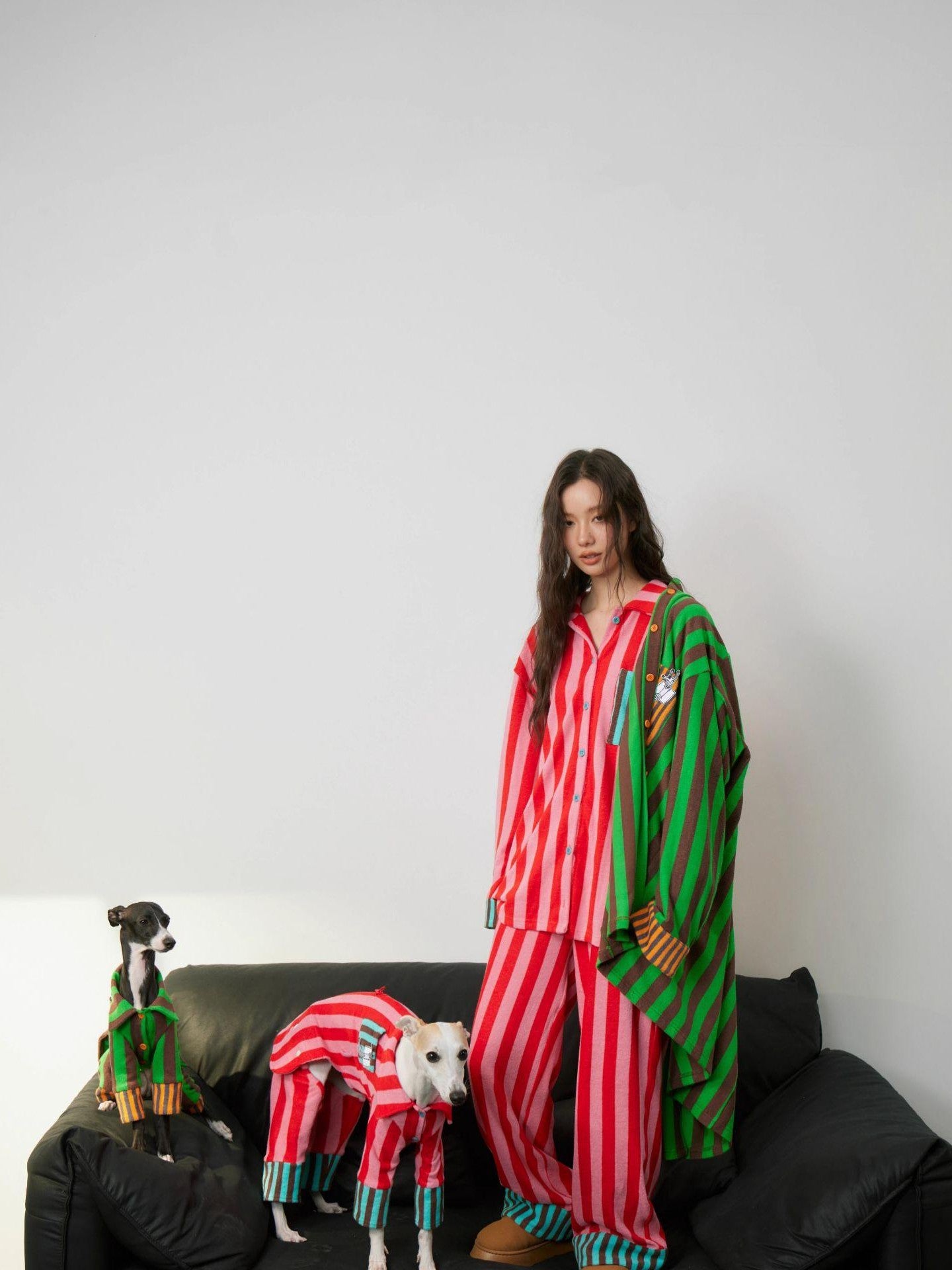 sancco house Puppy Print Striped Patchwork Women&