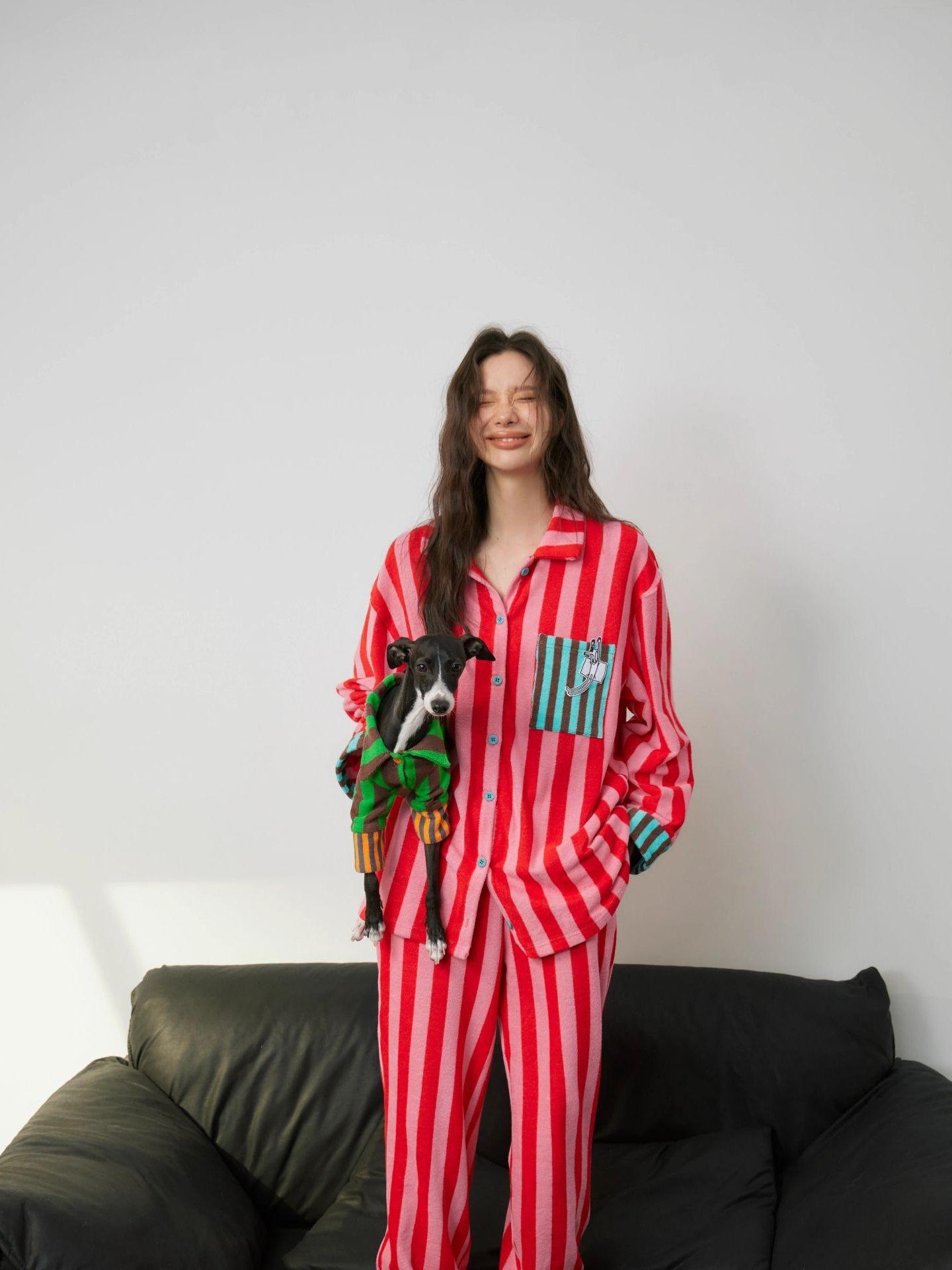 sancco house Puppy Print Striped Patchwork Women&