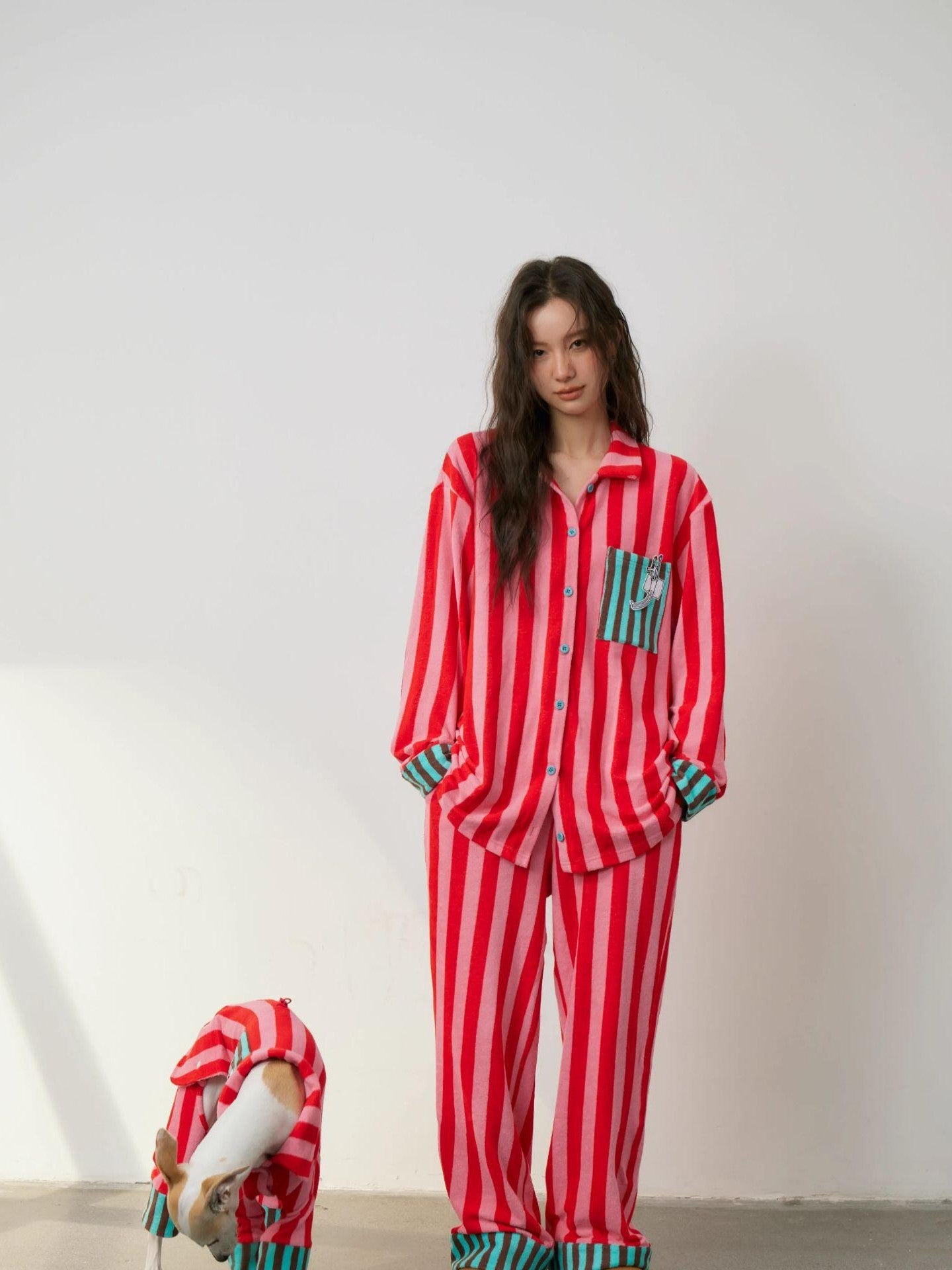 sancco house Puppy Print Striped Patchwork Women&