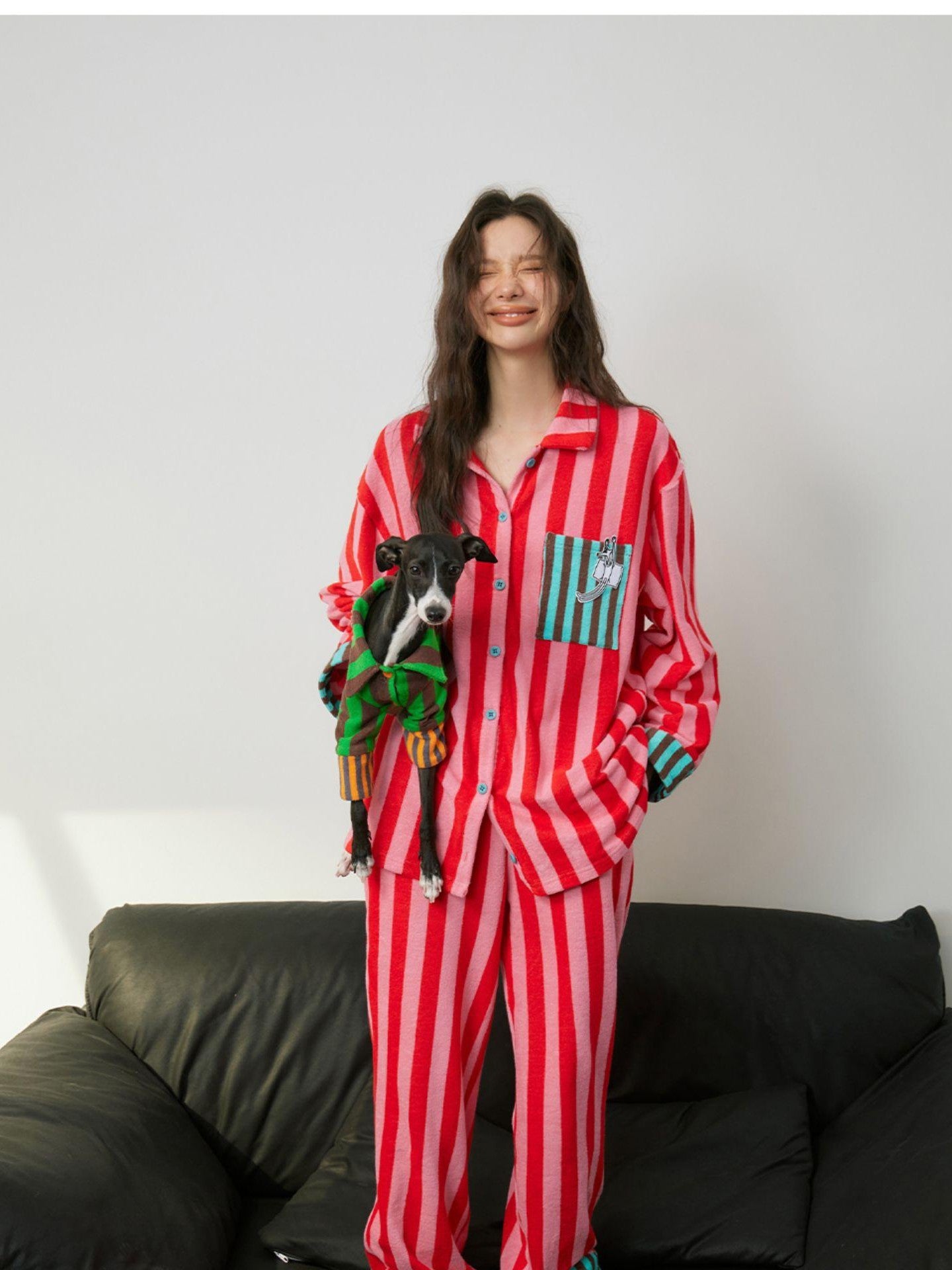 sancco house Puppy Print Striped Patchwork Women&