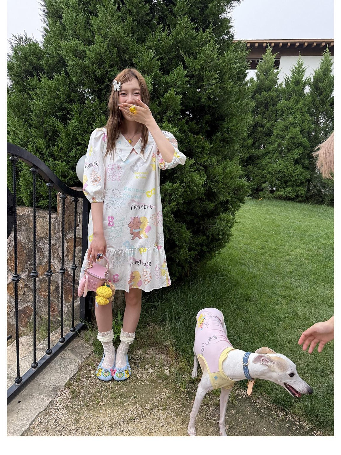 sancco house Puppy Rhinestone Collar Puff Sleeve Women&