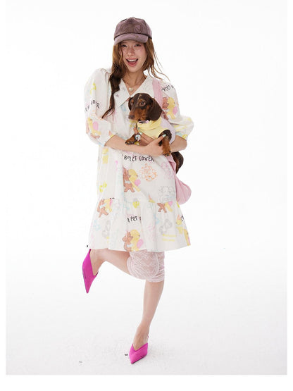 sancco house Puppy Rhinestone Collar Puff Sleeve Women&