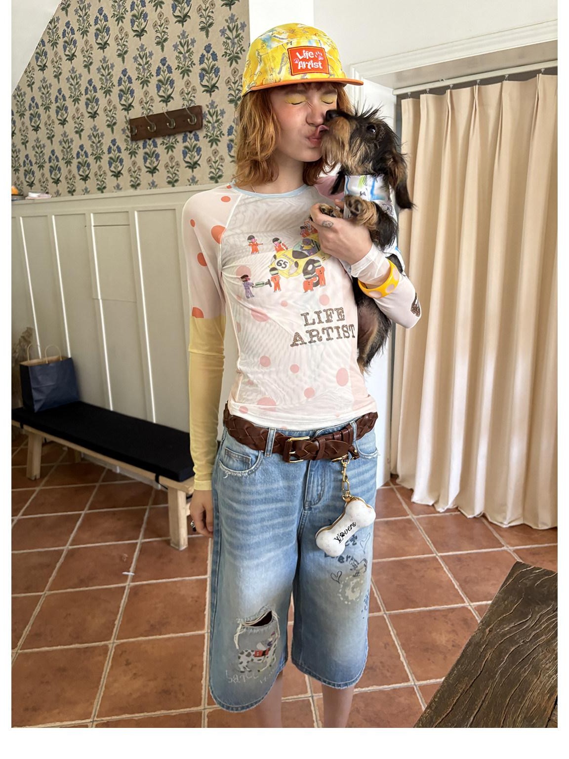 sancco house Racing Puppy Graffiti Sheer Mesh Slim Women&