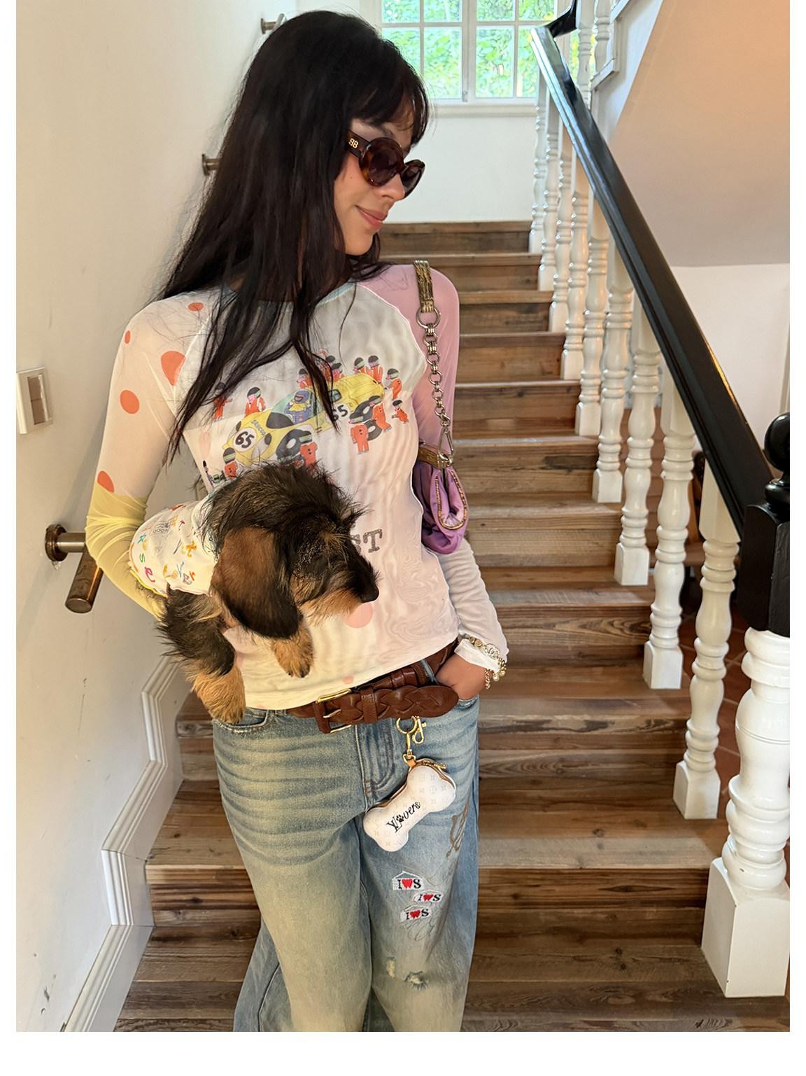 sancco house Racing Puppy Graffiti Sheer Mesh Slim Women&