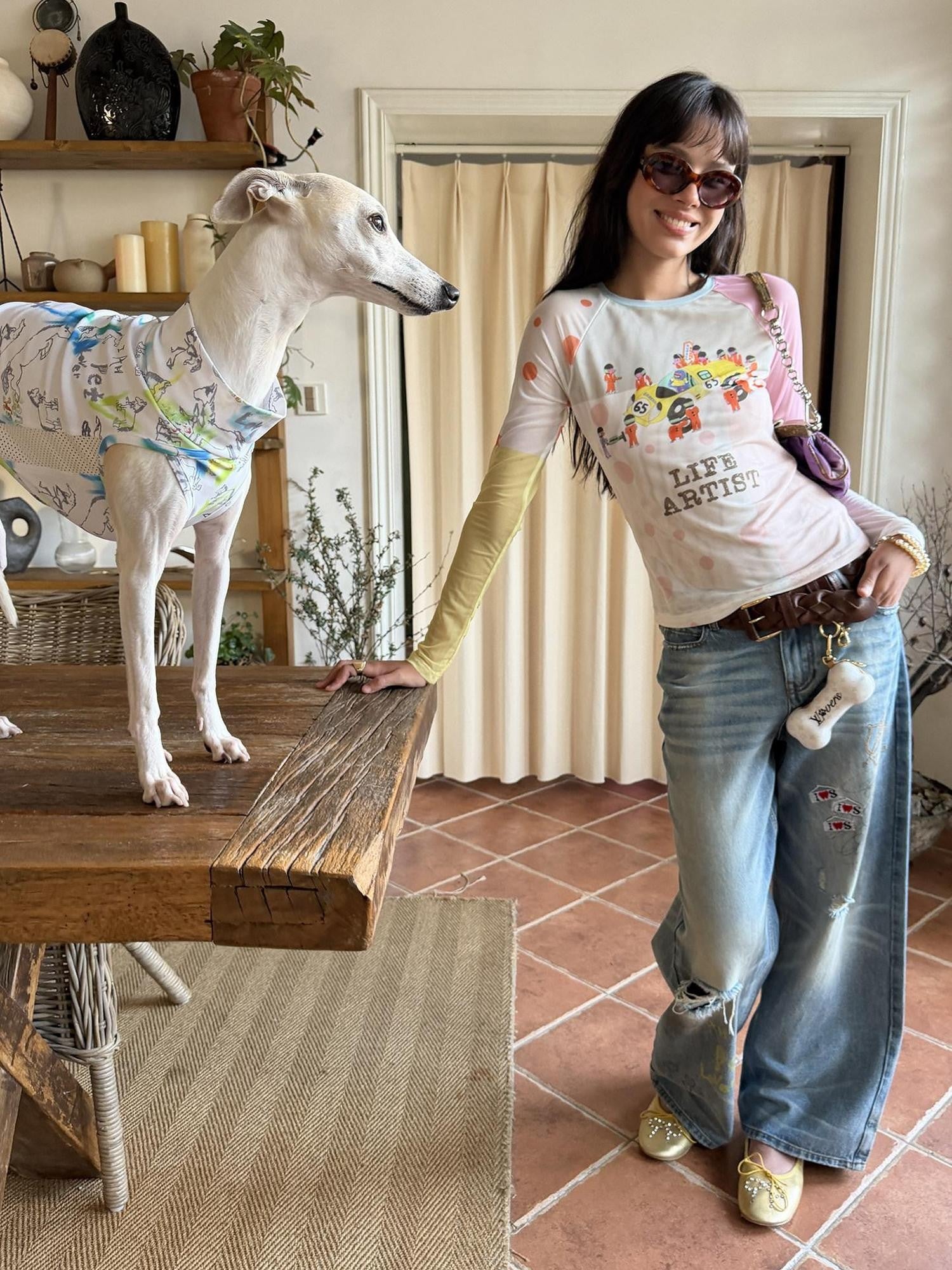 sancco house Racing Puppy Graffiti Sheer Mesh Slim Women&