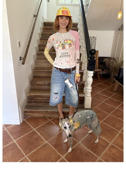 sancco house Racing Puppy Graffiti Sheer Mesh Slim Women&