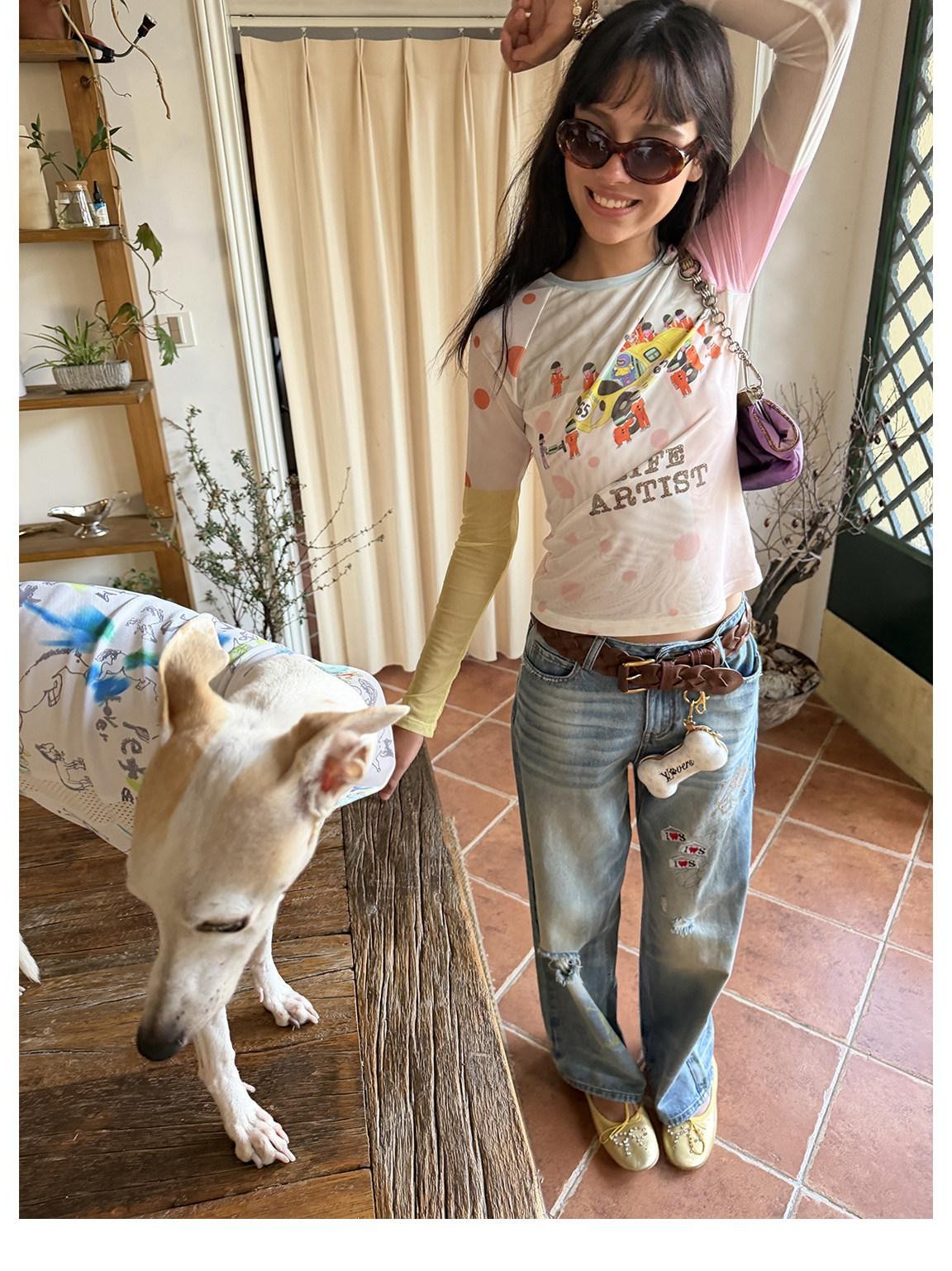 sancco house Racing Puppy Graffiti Sheer Mesh Slim Women&