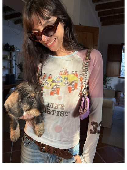 sancco house Racing Puppy Graffiti Sheer Mesh Slim Women&