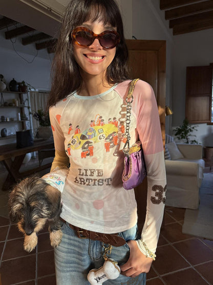 sancco house Racing Puppy Graffiti Sheer Mesh Slim Women&