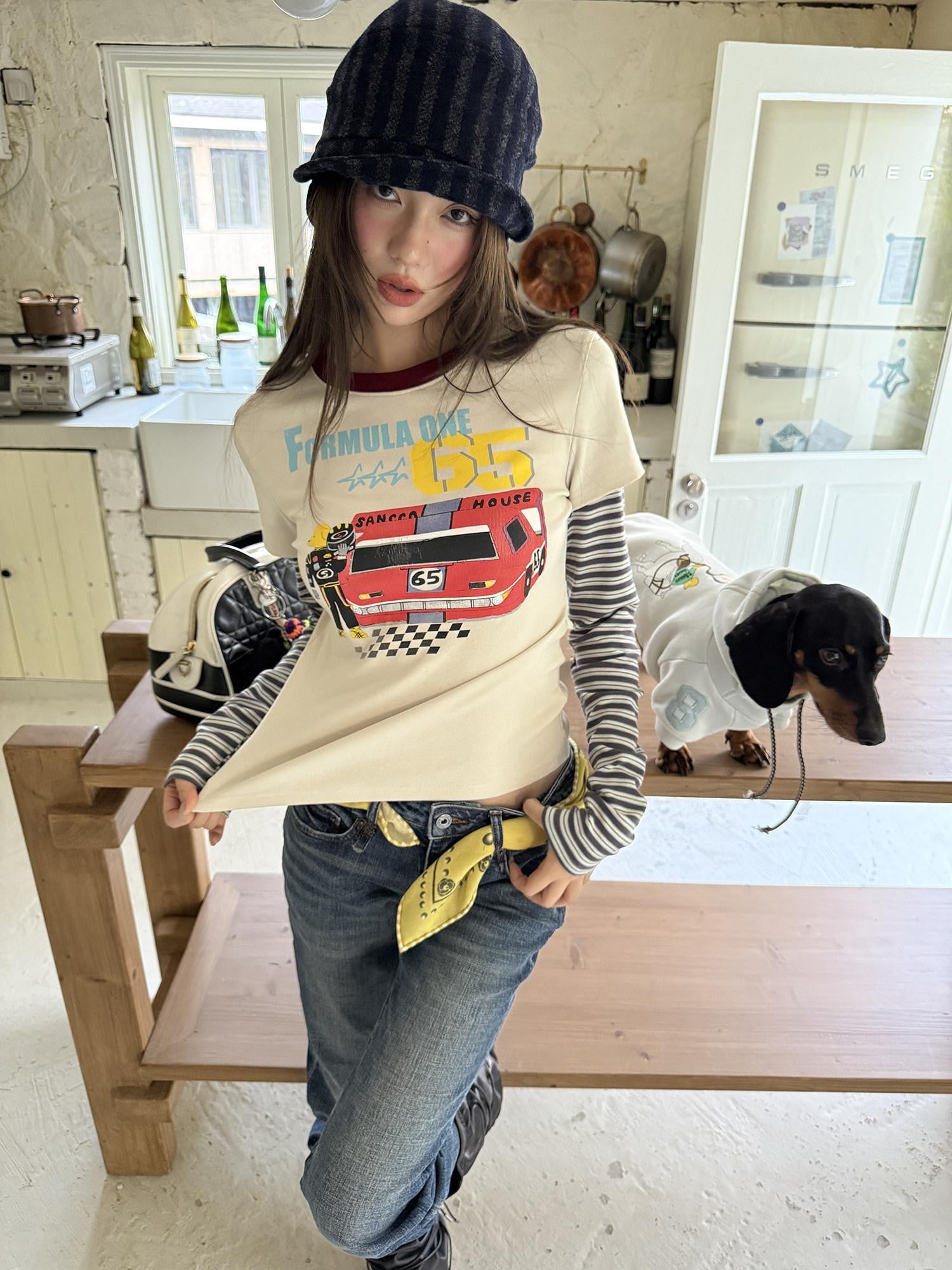 sancco house Racing Puppy Print Faux Two Piece Women&