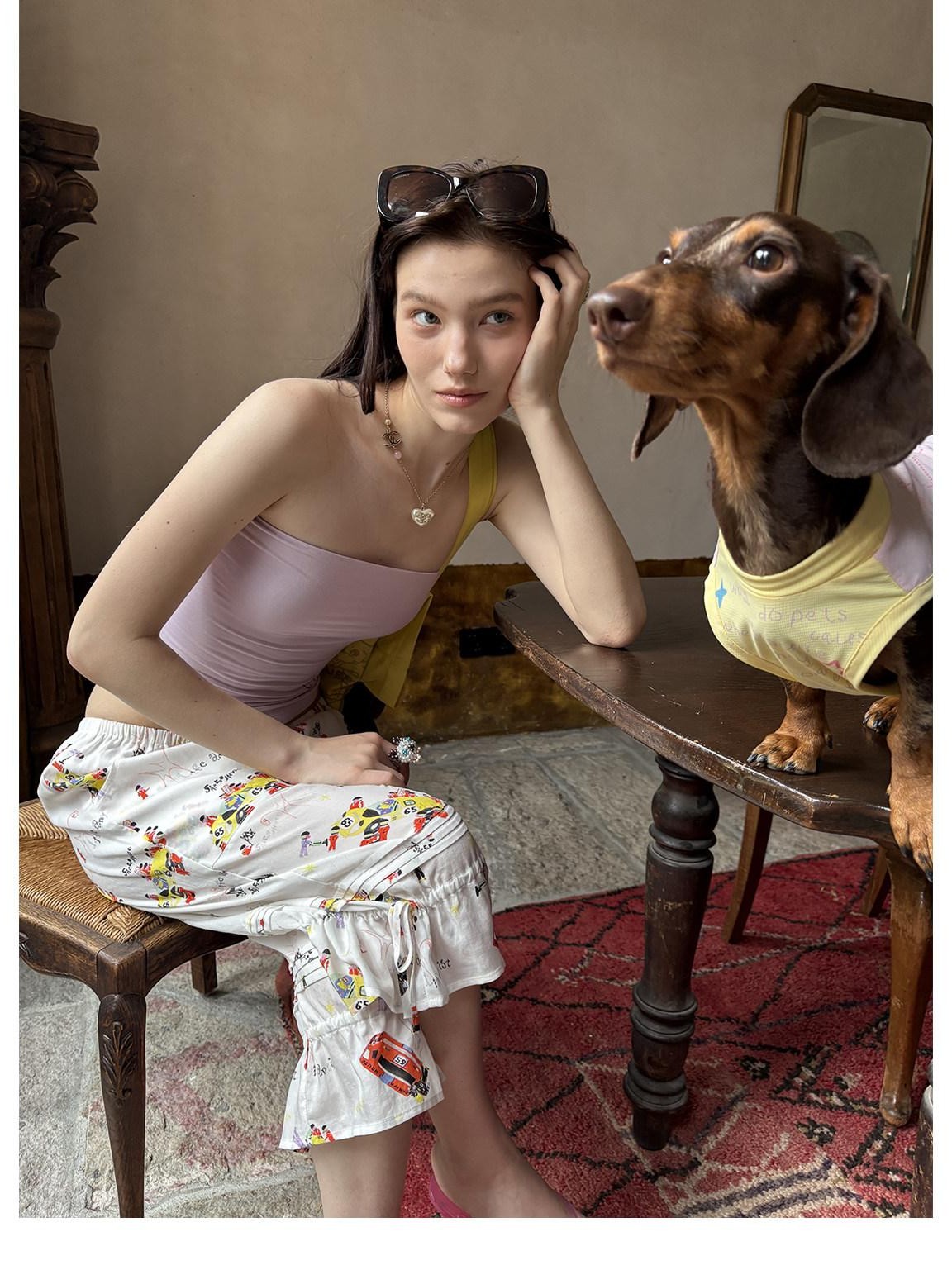 sancco house Racing Puppy Print Paperbag Tie Waist Women&