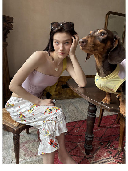sancco house Racing Puppy Print Paperbag Tie Waist Women&