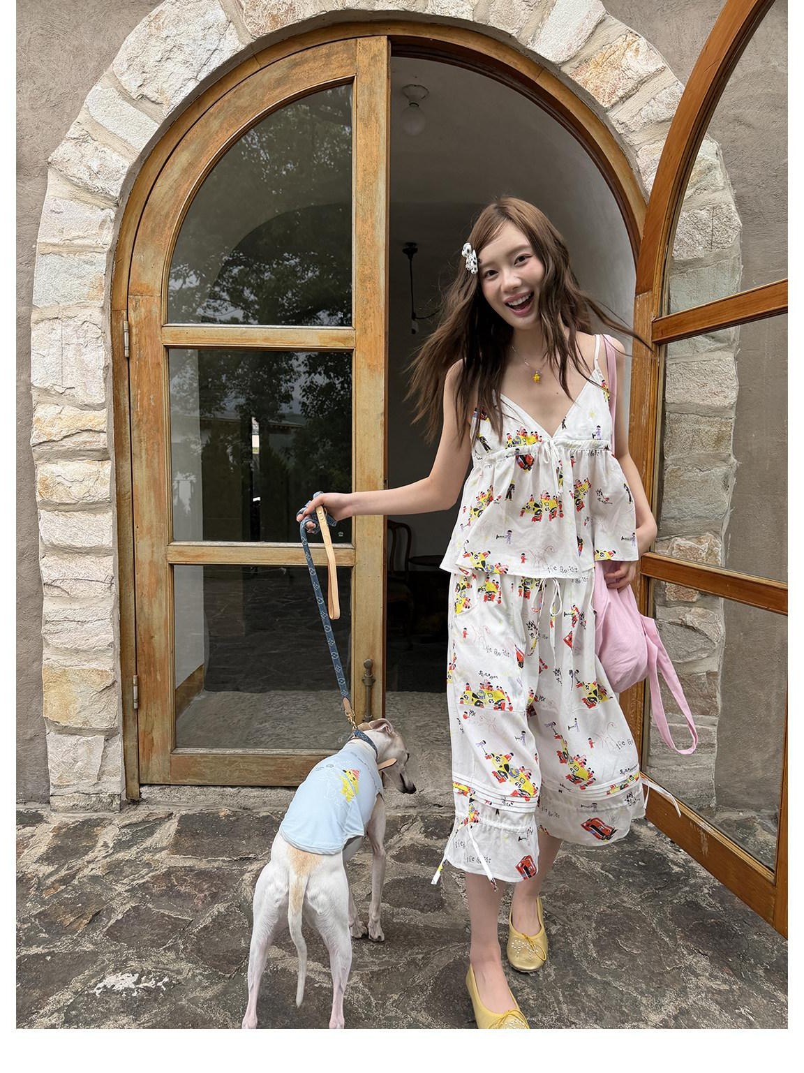 sancco house Racing Puppy Print Paperbag Tie Waist Women&