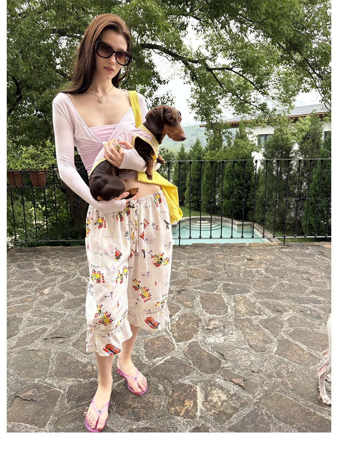 sancco house Racing Puppy Print Paperbag Tie Waist Women&