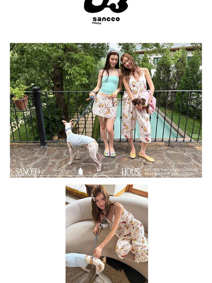 sancco house Racing Puppy Print Paperbag Tie Waist Women&