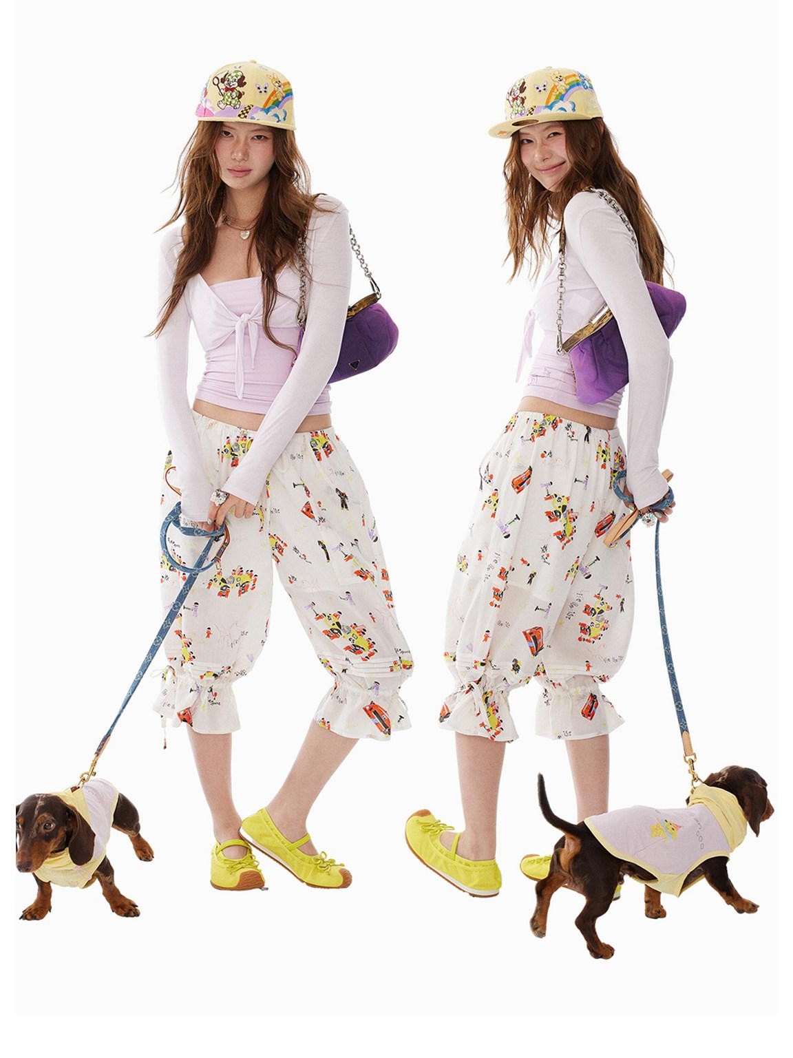 sancco house Racing Puppy Print Paperbag Tie Waist Women&