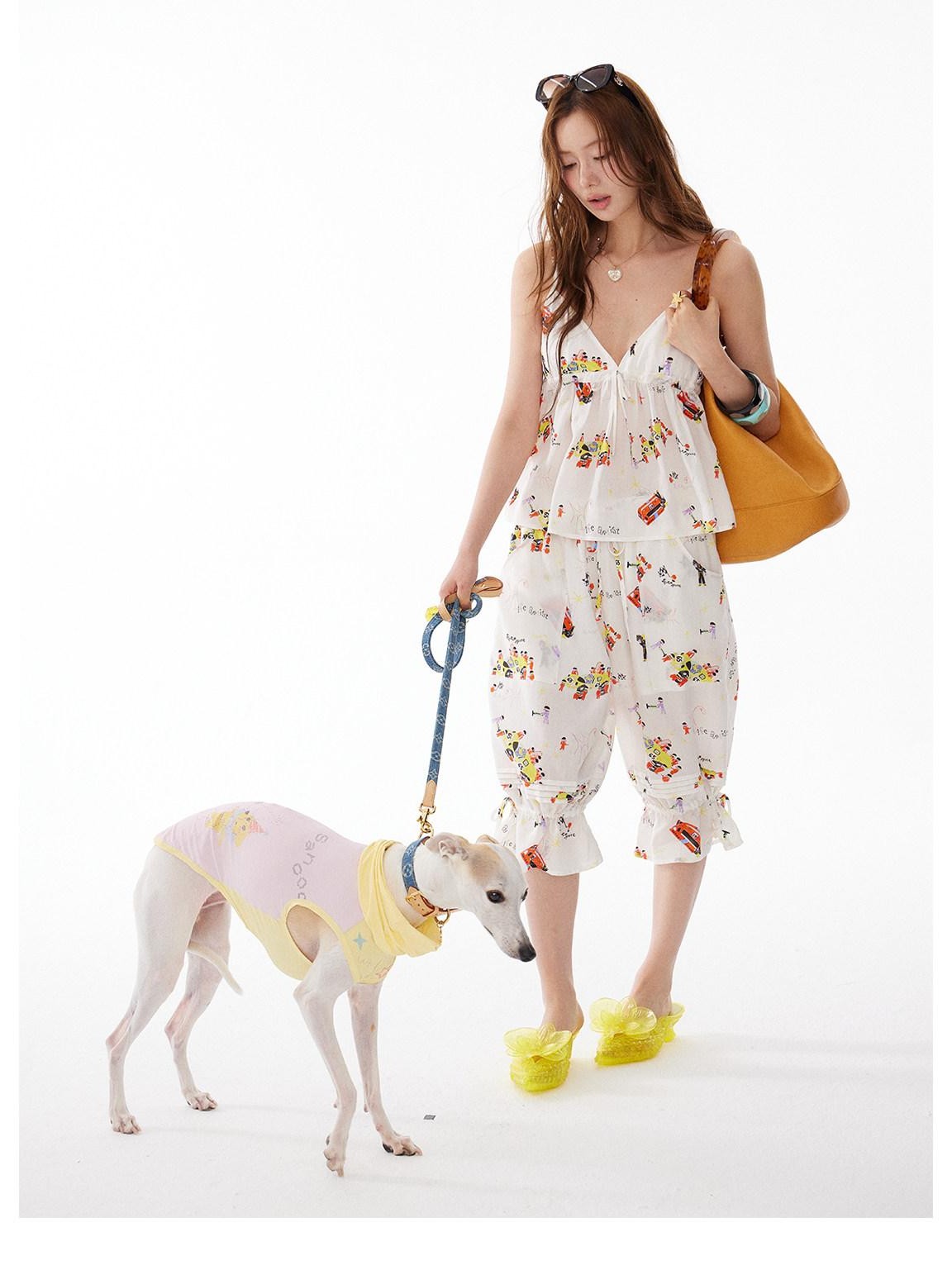 sancco house Racing Puppy Print Paperbag Tie Waist Women&