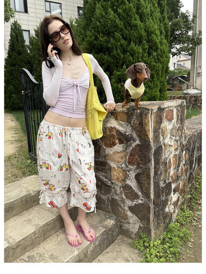 sancco house Racing Puppy Print Paperbag Tie Waist Women&