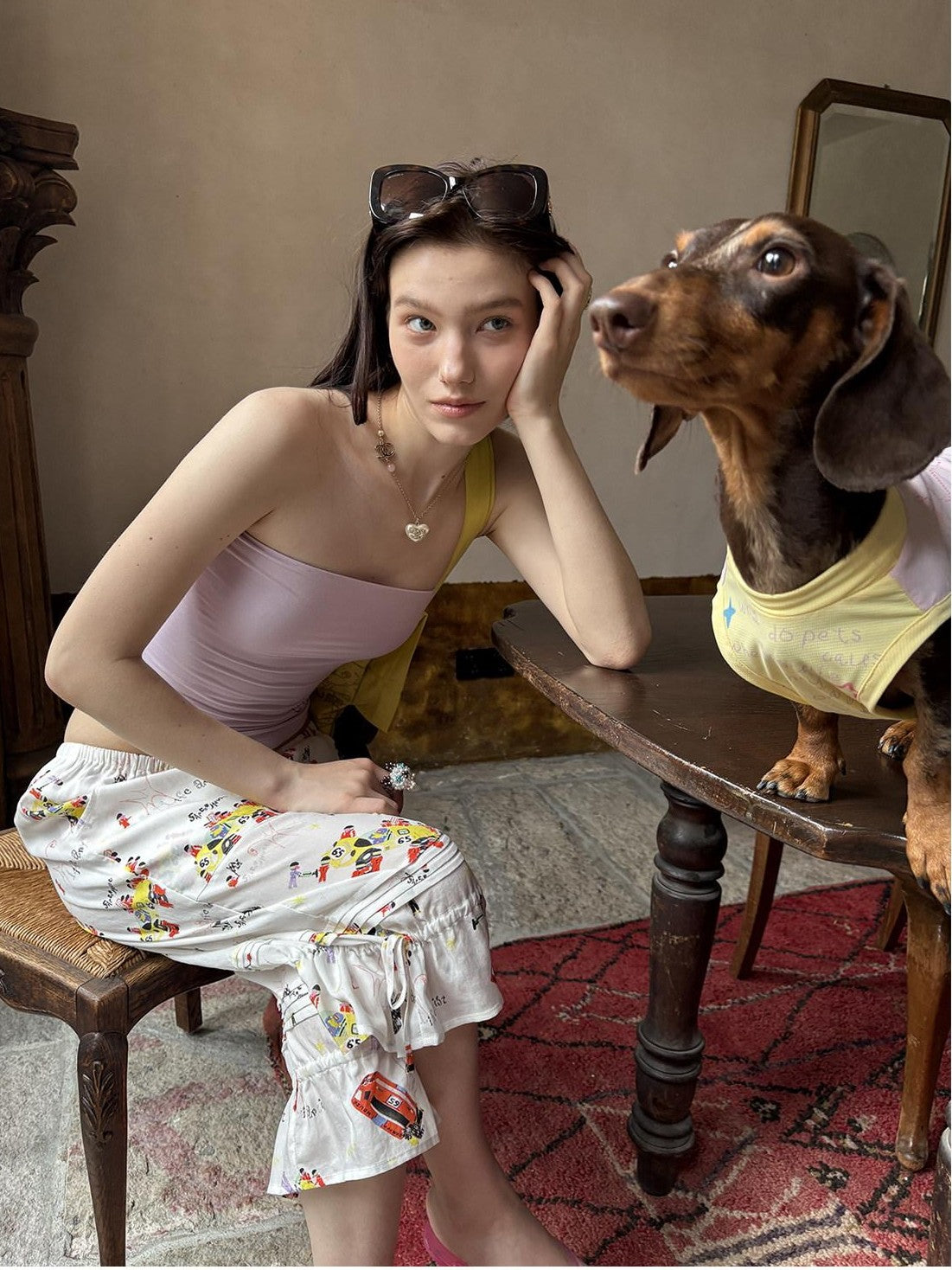 sancco house Racing Puppy Print Tie Waist Tulip Hem Women&