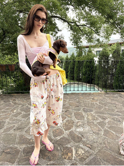 sancco house Racing Puppy Print Tie Waist Tulip Hem Women&