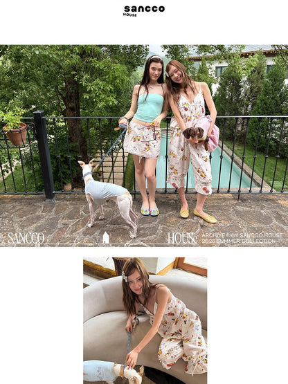 sancco house Racing Puppy Print Tie Waist Tulip Hem Women&