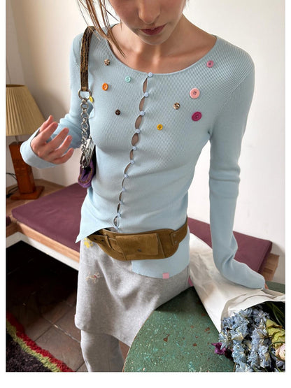 sancco house Rainbow Button Ribbed Slim Fit Knit Women&
