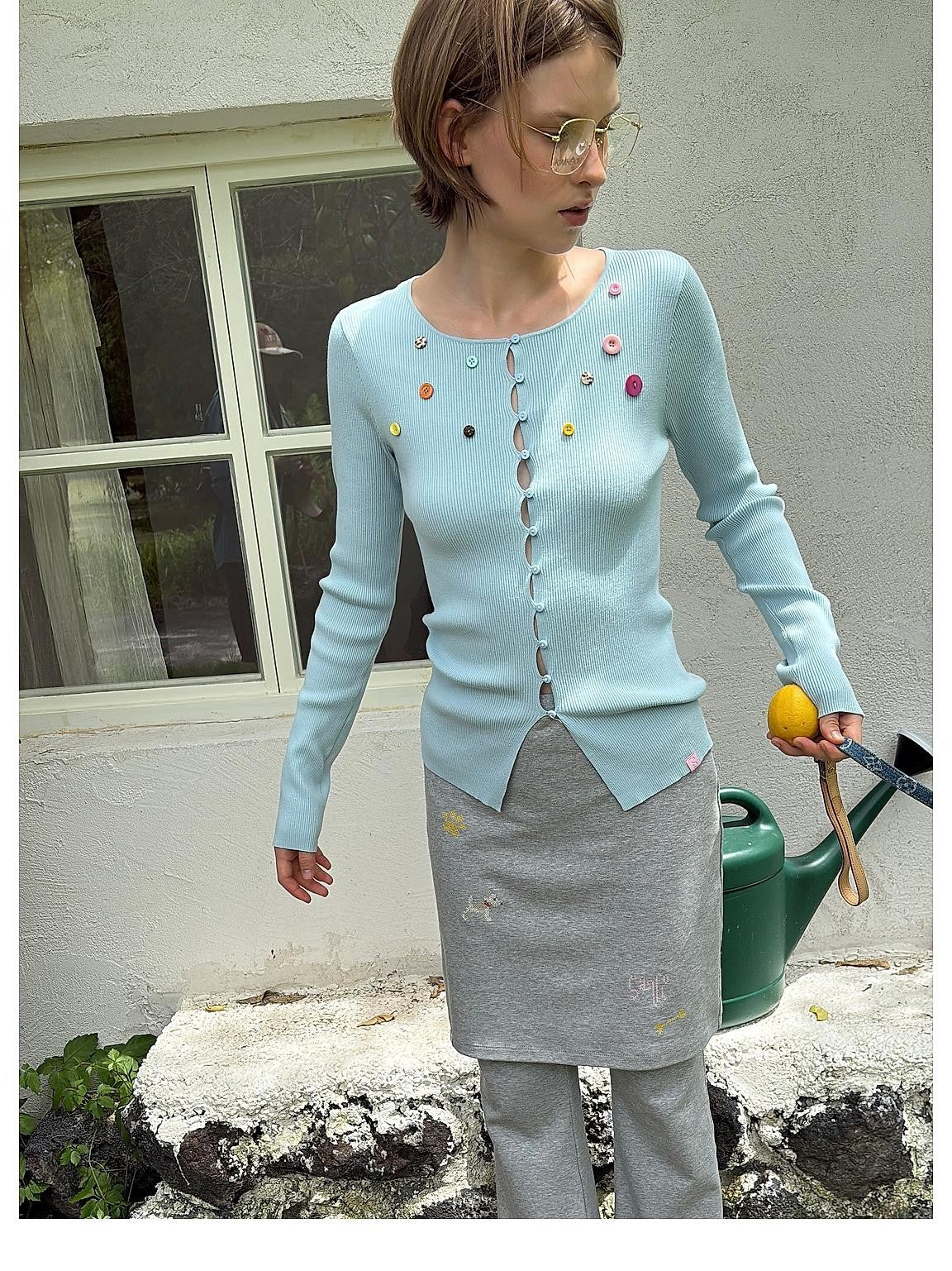 sancco house Rainbow Button Ribbed Slim Fit Knit Women&